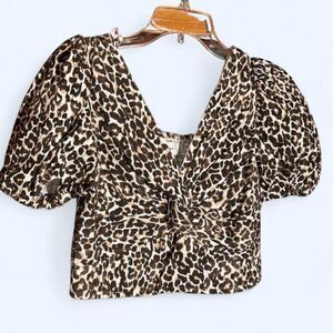 Japna Puff-sleeve cheetah-print cotton and linen-blend crop top - Size M